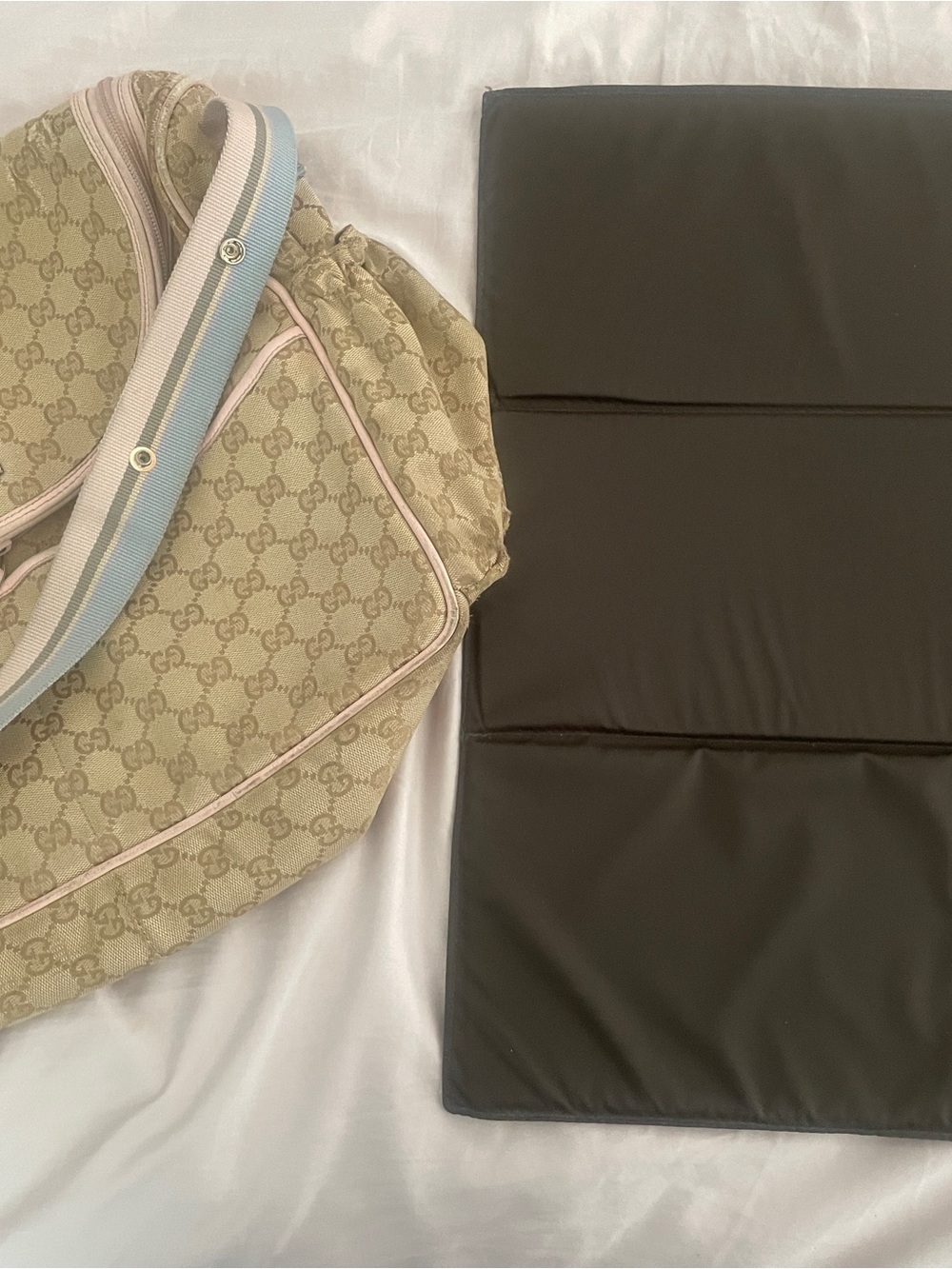 Gucci Beige GG Monogram Shoulder Bag with Pink Trim and Blue-White Strap
